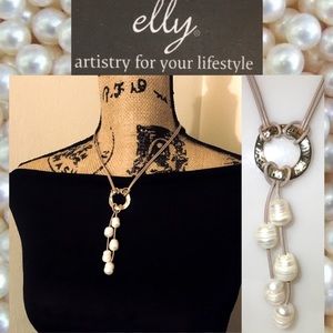 Taupe Leather+Pearl Ringed Lariat Tassel Necklace